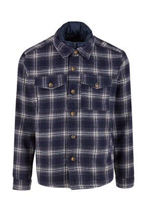 Karirana srajčna jakna v temno modri in beli barvi, z gumbastim zapiranjem, dvema žepoma na prsih in zloženo ovratnico s podlogo iz prešite tkanine.