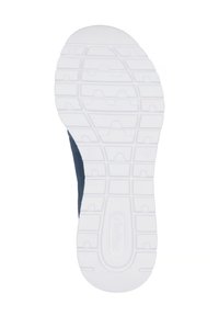 Weißer Gummischuhsohle mit einem strukturierten Griffmuster, das an der glatten marineblauen Seite zu sehen ist. Deutliche Traktionsrillen und Flexpunkte sind sichtbar.