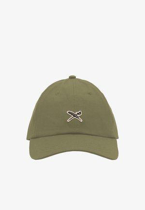 Olive green baseball cap with curved brim and small crossed feather logo in black and beige centered on front panel.