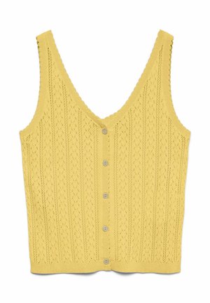 Veste jaune tricotée sans manches avec des boutons, un col en V et de délicats motifs verticaux en dentelle.
