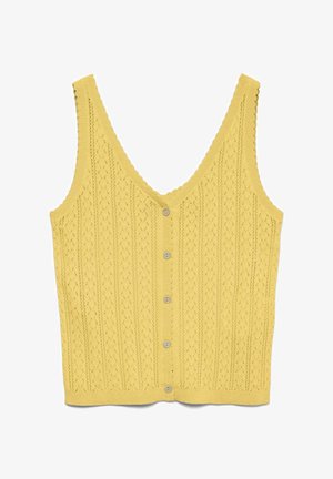 Chaleco amarillo de punto sin mangas con botones, escote en V y delicados patrones verticales similares a encaje.