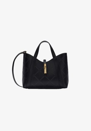 Sac à main en cuir noir avec motif matelassé en losanges, deux poignées, bandoulière réglable et fermeture à clip doré au centre.