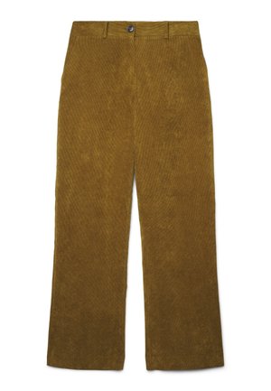 Pantalons en velours côtelé marron à jambes larges avec bouton à l'avant et passants de ceinture, posés à plat sur un fond blanc.