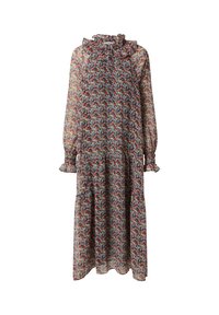 Blumendruckkleid mit Rüschenausschnitt und langen Puffärmeln, ausgestattet mit einem gestuften Design und elastischen Bündchen aus leichtem, durchscheinendem Stoff.