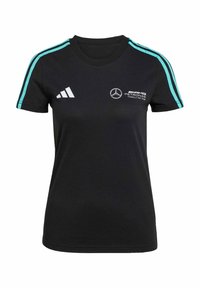 Sort atletisk t-shirt med teal skulderstriber. Har Mercedes-logo og "Petronas Formula One Team" branding i hvid. Lavet af et glat stof.