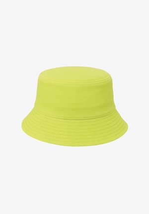 Gele katoenen buckethoed met een brede rand, een textuurachtige oppervlakte en gestikte details rondom de basis. Ronde kroon en een casual ontwerp.