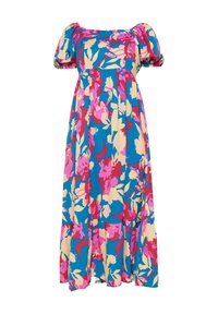 Blumen-Maxi-Kleid mit Puffärmeln, quadratischem Ausschnitt, lebendigen Farben in Pink, Gelb und Blau sowie einem gestuften Saum. Aus Baumwollmischung.