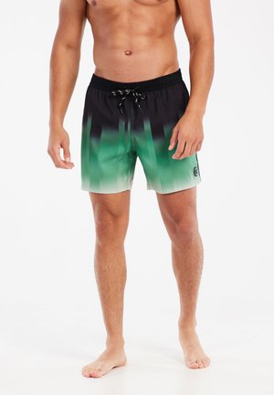 Un maillot de bain avec une ceinture noire à motif dégradé vert, en matériau léger, cordon de serrage à l'avant et détail de logo sur le côté.
