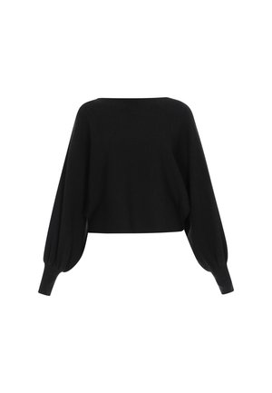 Jersey negro de punto recortado con un escote amplio, mangas largas tipo globo y puños acanalados. Textura suave y ajuste relajado.