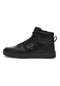 Czarne sneakersy typu high-top wykonane z gładkiej skóry. Posiadają teksturowaną podeszwę, sznurowaną konstrukcję oraz akcent z logo po boku.