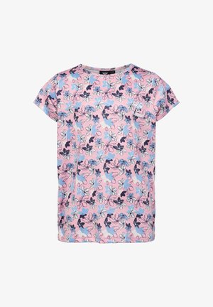 Różowy T-shirt z krótkim rękawem z niebieskimi, białymi i ciemnymi kwiatowymi wzorami, okrągłym dekoltem i małym białym logo na piersi.