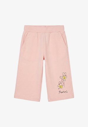 Pantaloncini rosa chiaro fino al ginocchio con tasche laterali e un semplice ricamo floreale con la scritta "Marni" sulla gamba destra.