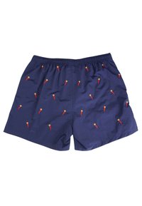 Pantaloni da bagno blu navy con cintura elastica, caratterizzati da un motivo ripetuto di ghiaccioli rossi e gialli. Realizzati in tessuto leggero.