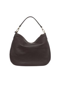 Dark brown leather hobo bag with a soft, textured surface and a single curved handle. Zip closure and gold-tone hardware accents.