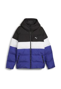 Př padded kapucí s černými, bílými a modrými horizontálními pruhy, s kapsami na zip a logem na přední straně.