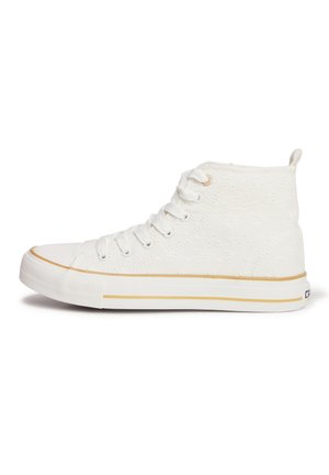 White high-top sneakers with floral texture, round toe, and contrasting yellow trim along the sole. Laces and heel loop for easy wear.