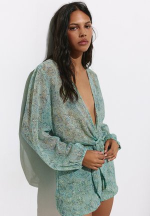 PULL&BEAR, PRINTED GATHERED - PLAYSUIT - Combinaison - turquoise