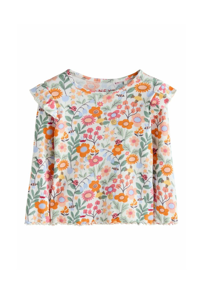 Top cu mâneci scurte și model floral, prezentând flori colorate pe un fundal verde deschis, cu accente volanate pe umeri și un decolteu rotund.