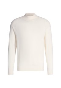 Maglione bianco a maglia con collo alto, maniche lunghe e polsini a coste. La trama del tessuto è morbida e uniforme, senza motivi visibili.