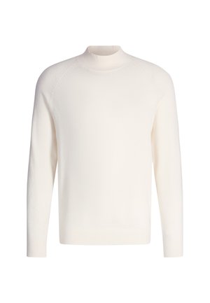 Weißer gestrickter Pullover mit einem Stehkragen, langen Ärmeln und gerippten Bündchen. Der Stoff hat eine weiche und gleichmäßige Textur ohne sichtbare Muster.