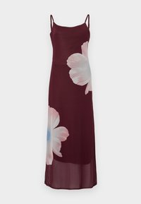 Vestido maxi burgundy com alças finas, apresentando grandes estampas florais em rosa claro e azul na parte da frente. Feito de um tecido leve e transparente.