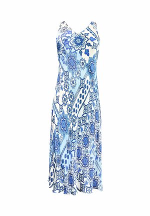 Robe à motifs floraux bleus avec décolleté en V, fines bretelles et design évasé. Fabriquée en tissu léger, elle présente des détails bleu et blanc complexes.
