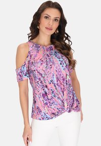 Kurze Bluse mit fliederfarbenem, pinkem und blauem Blumenmuster. Verfügt über Cutouts an den Schultern und ein verdrehtes Frontsaumdesign.