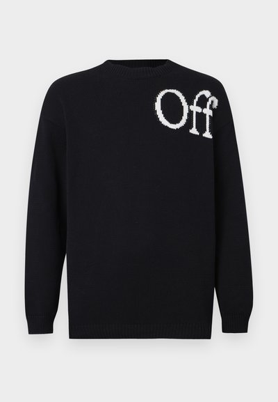 Μαύρο μακρυμάνικο πουλόβερ πλεκτό με στρογγυλή λαιμόκοψη και λευκό κείμενο «Off» στην πάνω αριστερή πλευρά του στήθους.