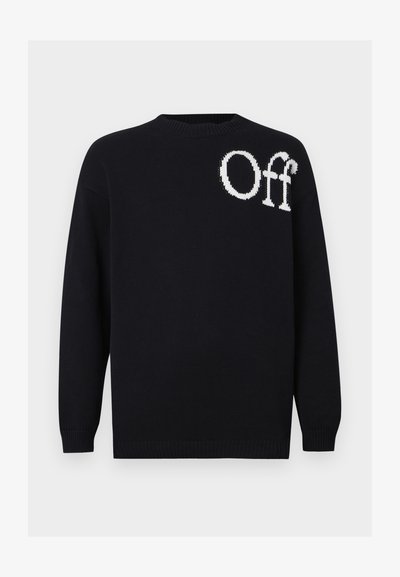 Μαύρο μακρυμάνικο πουλόβερ πλεκτό με στρογγυλή λαιμόκοψη και λευκό κείμενο «Off» στην πάνω αριστερή πλευρά του στήθους.