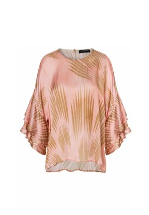Losse roze blouse met lichtbruin palmbladmotief, ronde halslijn en wijde gerimpelde driekwart mouwen.