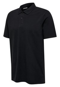 Black polo shirt made of cotton, featuring a classic collar, three-button placket, and short sleeves; smooth texture and no visible patterns.