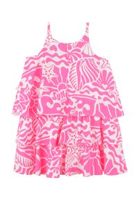 Robe d'été rose avec des volants, des bretelles spaghetti et un motif de coquillages avec des cœurs et des vagues. Fabriquée en tissu léger.