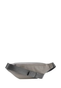 Šedá textilní kabela přes rameno s plochým, trapezoidním tvarem. Má zipové uzavírání a nastavitelné šedé ramenní popruhy. Texturovaný vzor, minimalistický design.