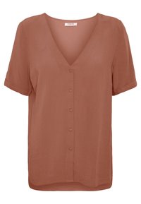 Blouse couleur rouille en tissu léger. Elle présente un col en V, des manches courtes retroussées et une patte de boutonnage avant avec cinq boutons.