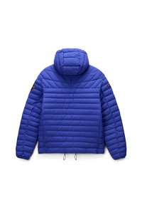 Giacca puffer blu con cappuccio, design trapuntato, orlo con cordino elasticizzato e patch con logo sulla manica sinistra. Presenta una texture liscia.