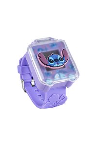 Orologio in silicone viola con cassa quadrata trasparente. Presenta un design del personaggio Stitch in rilievo e accenti floreali sul cinturino.