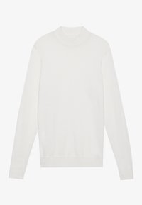Jersey blanco de cuello alto, con mangas largas y puños y dobladillo acanalados. Fabricado en un suave tejido de punto. Diseño simple y ajustado.