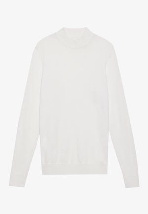 Jersey blanco de cuello alto, con mangas largas y puños y dobladillo acanalados. Fabricado en un suave tejido de punto. Diseño simple y ajustado.