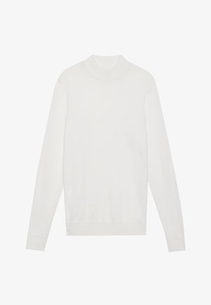 White pullover sweater with a high neckline, long sleeves, and ribbed cuffs and hem. Made from a soft knit fabric. Simple and fitted design.