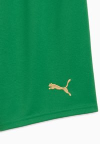 Tissu vert avec un petit logo de puma sautant brodé en or près du bord inférieur, montrant une texture fine en tricot et une couture d'ourlet.