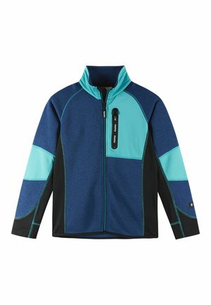 Blue and teal zip-up jacket featuring a high collar, contrasting panels, textured fabric, and a side zip pocket. Black accents at cuffs and hem.