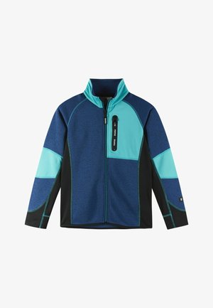 Blaue und türkisfarbene Zip-Jacke mit hohem Kragen, kontrastierenden Einsätzen, strukturierter Stoff und einer seitlichen Reißverschlusstasche. Schwarze Akzente an den Bündchen und am Saum.