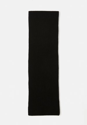 Black ribbed knit scarf, elongated rectangular shape, smooth texture, versatile for layering or warmth, no visible patterns or accents.