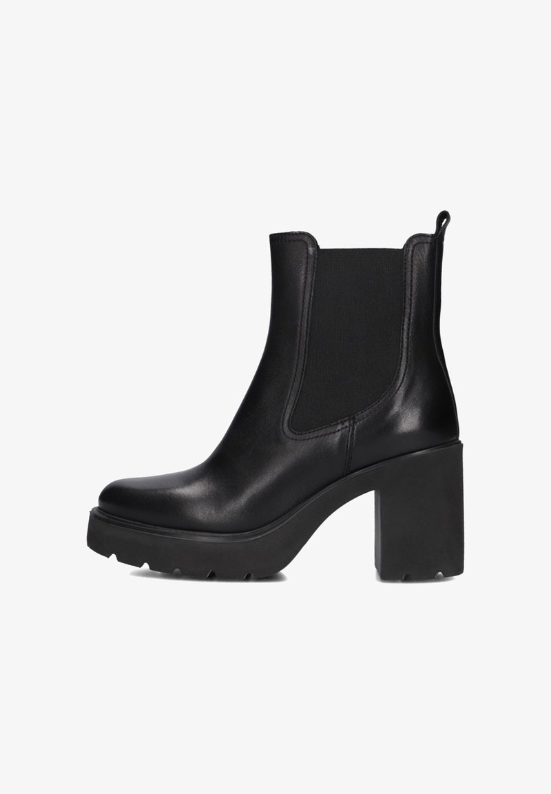 Stivaletto in pelle nera con tacco alto chunky, pannelli laterali elasticizzati, superficie liscia e punta arrotondata.