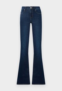 Jeans évasés bleu foncé avec une taille cintrée, fabriqués en denim. Inclut cinq poches et une fermeture à bouton. Texture lisse avec un léger délavage.