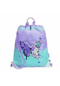 Zugband-Rucksack in einem Farbverlauf von Teal und Lila, mit einem großen Schmetterlingsdesign, floralen Akzenten und einem glänzenden Textur. Verstellbare Träger.