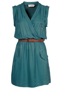 Teal, short-sleeve dress with a wrap design, featuring a brown belt, two side pockets, and a smooth, lightweight fabric.