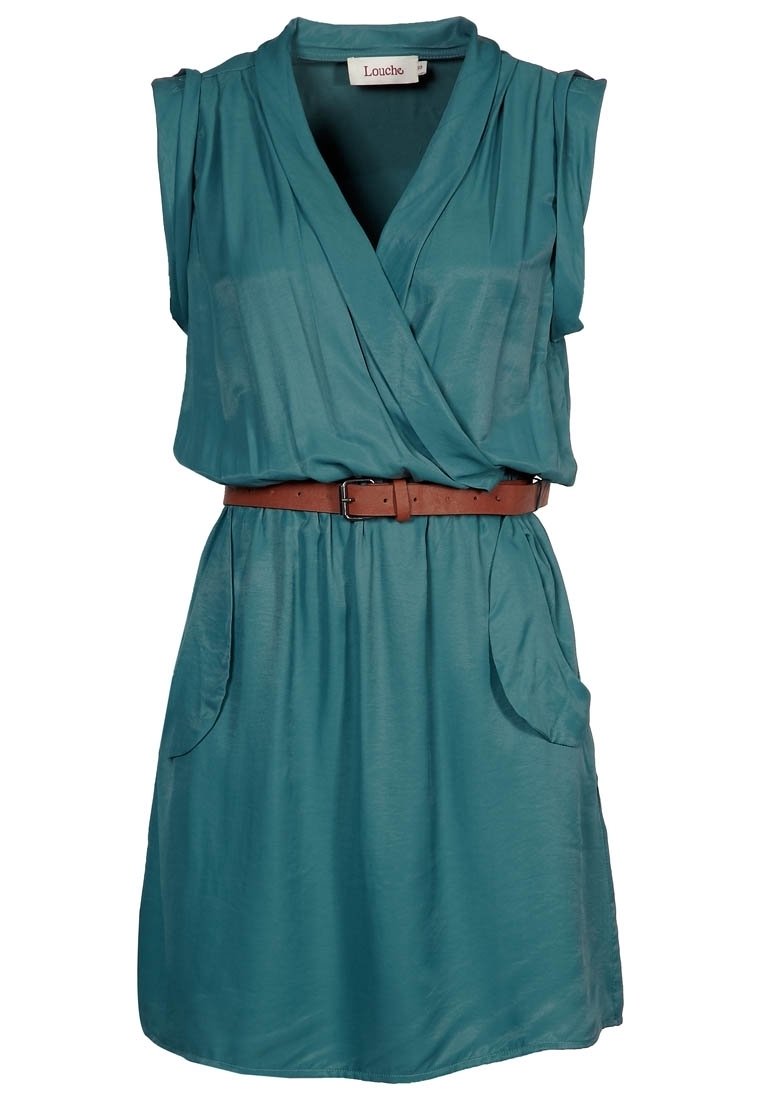 Teal, short-sleeve dress with a wrap design, featuring a brown belt, two side pockets, and a smooth, lightweight fabric.
