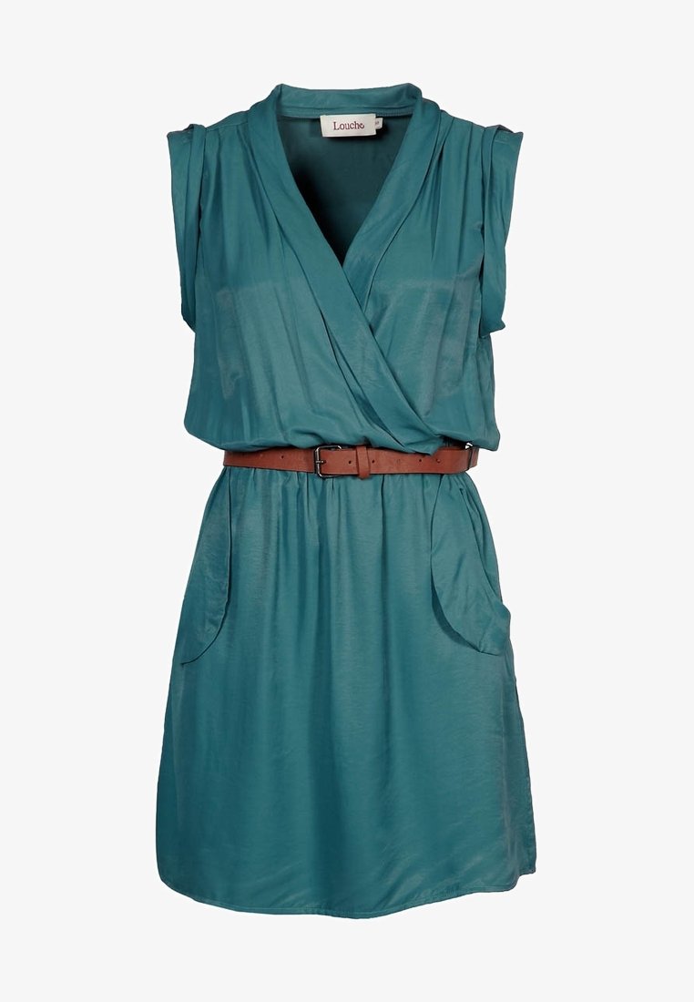 Teal, short-sleeve dress with a wrap design, featuring a brown belt, two side pockets, and a smooth, lightweight fabric.