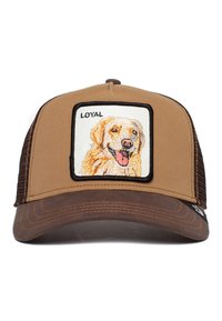 Brauner Hut mit Netzrücken, der ein gesticktes Patch eines Golden Retrievers zeigt, mit dem Wort "Loyal" darüber.